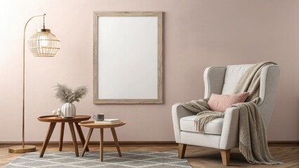 Blank Canvas Wooden Frame Mockup, Living room featuring a stylish armchair, elegant decor, and soft lighting, perfect for relaxation and comfort. Copy space, commercial use
