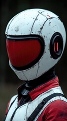 Fototapeta premium Futuristic figure with aged white helmet & red visor, in blurred forest background