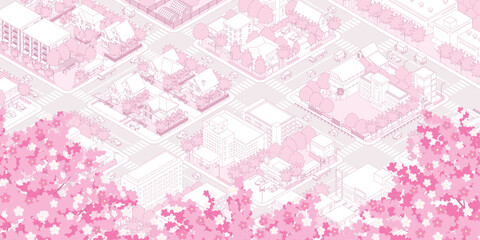 桜咲く春の街並みのイラスト. アイソメ図.