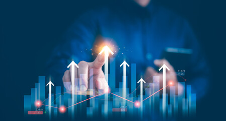 2025 to 2026 business growth financial plan market concept, performance of profit growth 2025, education trend up finance on growth graph money revenue, Businessman analyzes profitability of working.