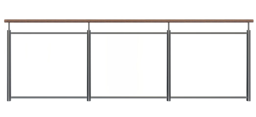 Architectural Railing with Glass Panels: 3D render, metal & wood with transparent infill, ideal for...