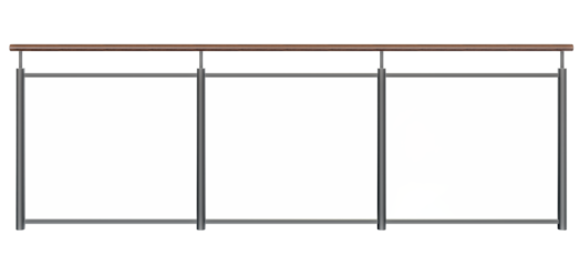 Architectural Railing with Glass Panels: 3D render, metal & wood with transparent infill, ideal for modern design projects.