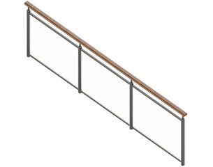 Minimalist Isometric Railing: 3D metal and glass balustrade with wood handrail, optimized for modern game environments. High-quality, game-ready asset.