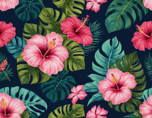 A modern tropical floral pattern with bold hibiscus and monstera leaves, designed in a vibrant color palette of pinks and greens, set against a deep navy background.