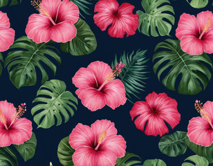 A modern tropical floral pattern with bold hibiscus and monstera leaves, designed in a vibrant color palette of pinks and greens, set against a deep navy background.
