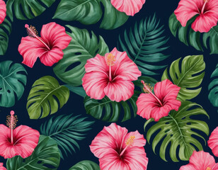 A modern tropical floral pattern with bold hibiscus and monstera leaves, designed in a vibrant color palette of pinks and greens, set against a deep navy background.