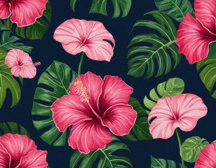 A modern tropical floral pattern with bold hibiscus and monstera leaves, designed in a vibrant color palette of pinks and greens, set against a deep navy background.