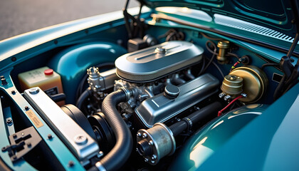 Classic car engine detail showcasing craftsmanship and design  