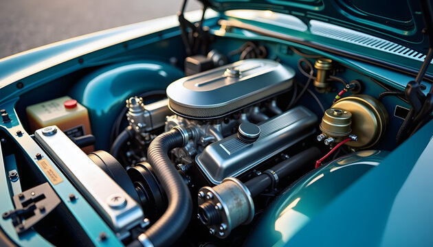 Classic car engine detail showcasing craftsmanship and design  