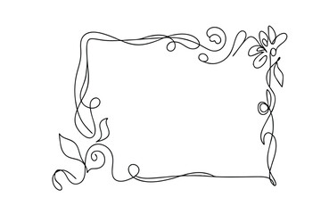 Elegant Floral Frame, One Line Drawing, Decorative Border, Swirls, Leaves