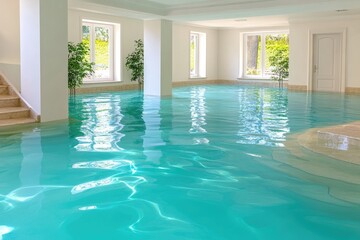 An indoor turquoise pool in a bright, elegant room reflects light, creating a serene, inviting space