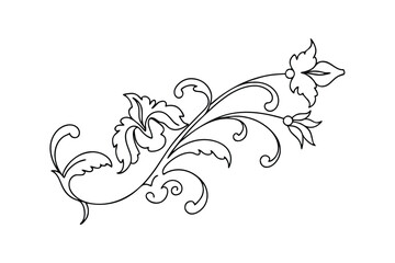 Elegant Floral Design Line Art, Swirls, Leaves, Flowers, Ornament