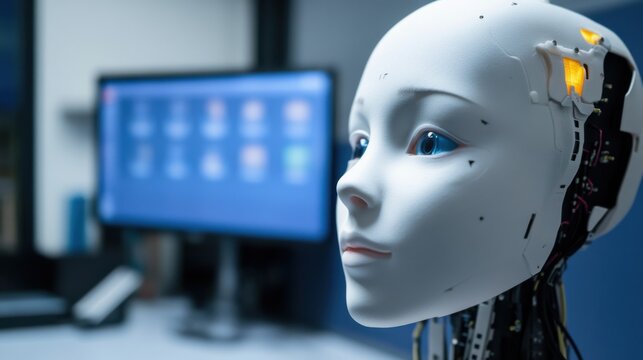 AI researcher developing emotion recognition algorithms for virtual assistants, office with AI software and facial expression data, AI Assistant Tech style