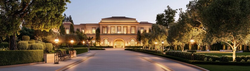 Fototapeta premium Stunning landscape featuring an elegant mansion surrounded by manicured gardens.