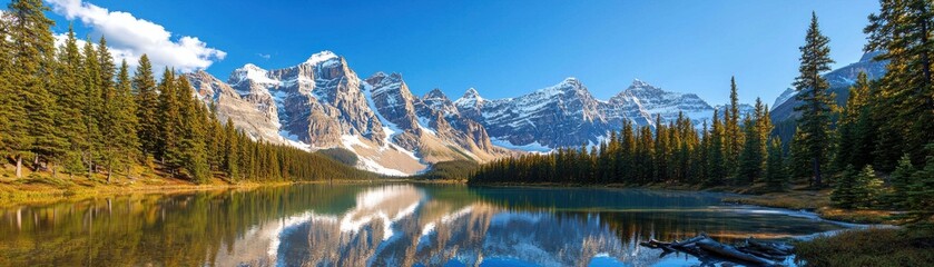 Stunning mountain lake reflecting trees under a clear blue sky.