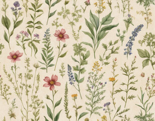 A seamless vintage botanical pattern featuring detailed wildflowers and herbs, intricately drawn with soft watercolor textures on a muted parchment background.