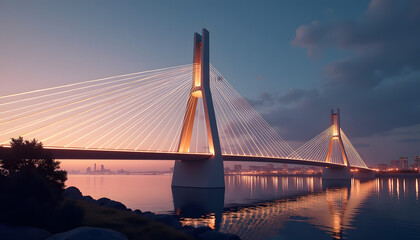Obraz premium Modern suspension bridge illuminated at dusk over calm waters 