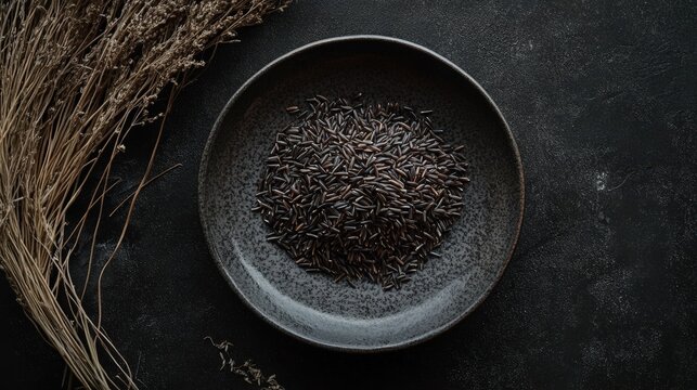 Dark cumin seeds fill a plate on a black surface, accented by a dried plant. A simple, earthy still life