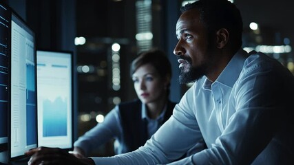 Diverse team analyzing financial data and strategy at night in a modern office - Powered by Adobe