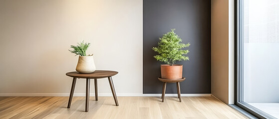 Modern interior design featuring plant decor and minimalist furniture in a bright room
