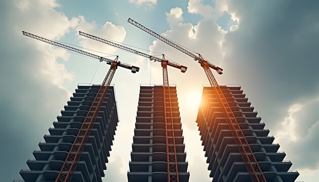 Construction cranes lifting materials at a building site in daylight  