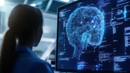 AI scientist designing deep learning systems for natural language processing, office with AI software and linguistic data, NLP AI style