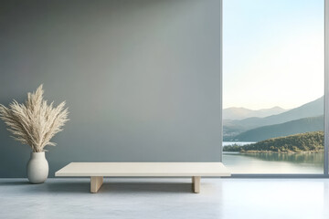 Modern minimalism in a serene lakeside interior with natural decor accents