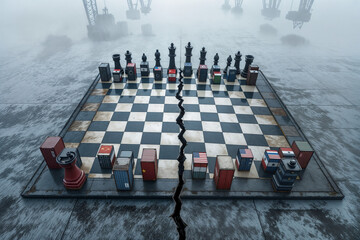 Chessboard made of shipping containers painted with country flags, split by a deep crack symbolizing global tariff tensions and economic strategy. No people. Editorial concept.