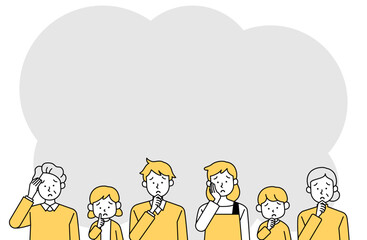 悩む三世代家族のフレームベクターイラスト 老夫婦 三世帯 二世帯 質問 疑問 