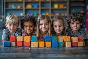 Smiling Children Lying on the Floor with Wooden Blocks