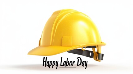 Fototapeta premium A yellow hard hat placed prominently in the center on a white background with a line of black text beneath it reading 