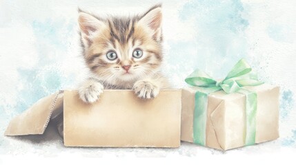 A fluffy and curious kitten curiously peeking out from a gift box as if it s a surprise present waiting to be discovered
