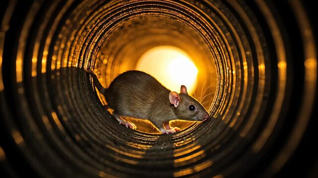 Rat in Tunnel: Capturing a rat in a circular tunnel, where the sunlight reveals a vibrant golden glow. A scene of intrigue that sparks curiosity about the journey.