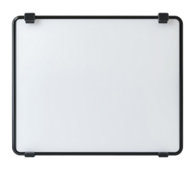 Hanging whiteboard with black frame isolated on a transparent background