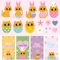 Fototapeta premium Easter cat, cute kitty Easter, bunny ears cat, Easter egg kitten, kawaii cat clip art, pastel Easter design, spring holiday cat, adorable cat with eggs, Happy Easter cat, festive kitty illustration