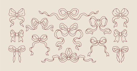Red Coquette Outline Bow Set. Vector Vintage Ribbons Illustration. Bowknot for Print, Postcard, Valentines Cards, Menu, Wedding Invitations, Poster, Branding and Logo.
