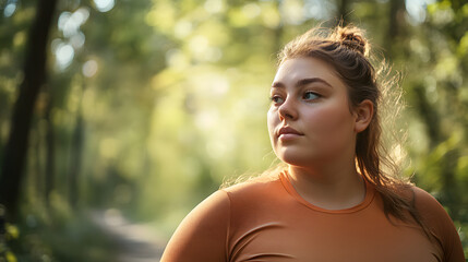 Portrait of a young fat overweight woman wearing sportswear tired after fit sport exercises or jogging in the summer park outdoors. Workout in nature, fitness and body positive concept.