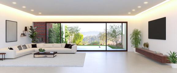 Fototapeta premium Modern living room with panoramic view of garden and mountains in bright daylight