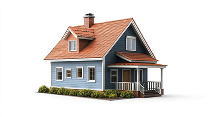 charming blue house with red roof and white trim on white background
