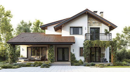 Fototapeta premium modern house with tiled roof and lush greenery surrounds it