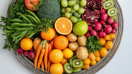 Abundant harvest! A silver platter overflows with vibrant fruits and vegetables, beautifully arranged on a clean white surface