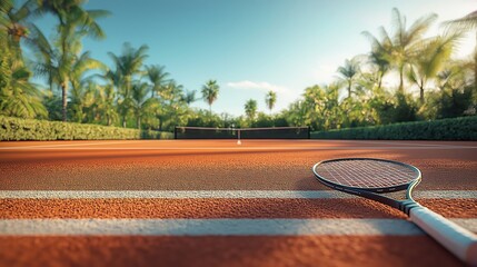 Serene Tennis Court on Orange Clay: Sunny Athletic Leisure with Tropical Vibes and Competitive Spirit