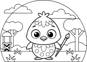 Cartoon Chick Outline Holding Brush with Trees, Clouds, Well and Grass