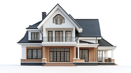 Elegant two story house with brick and white facade, featuring large windows