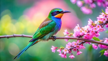 Vibrant Rainbow Bird Perched on a Delicate Branch Adorned with Blossoms in a Serene Garden Setting