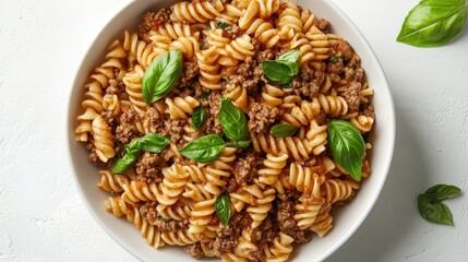Fototapeta premium Twirls of fusilli pasta & savory beef in vibrant tomato sauce, garnished with fresh basil. A delicious, comforting meal