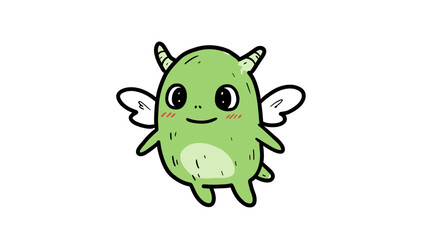 Fototapeta premium Cute green cartoon creature with wings smiling 