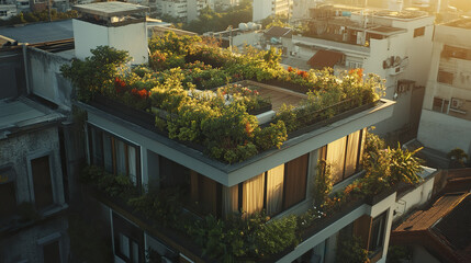 Rooftop garden on modern house in dense cityscape at sunrise