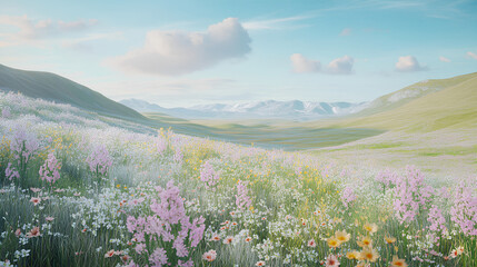 Vast field of vibrant purple flowers under a clear blue sky with a lone tree in the distance  

