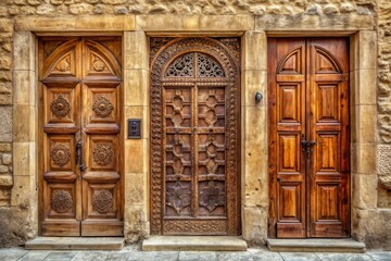 A trio of antique wooden doors, intricately carved and richly hued, set within a weathered stone edifice